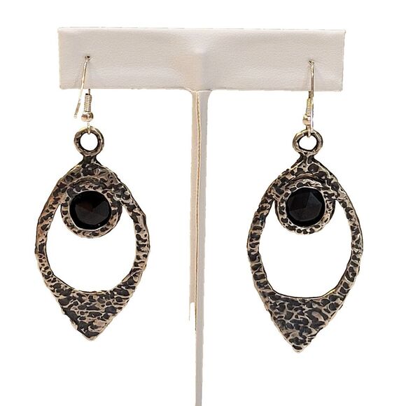 Tear Drop Pierced Earrings Hammered Silver Round Black Stone 2 inch drop - Picture 2 of 13